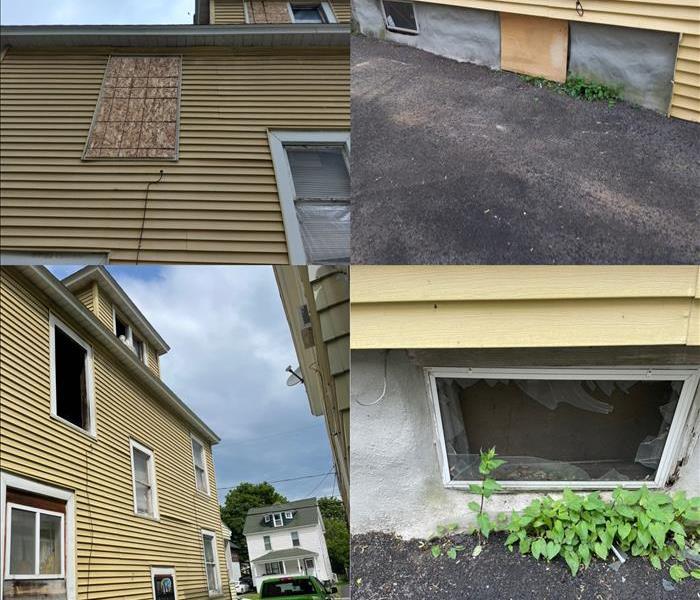 A collage of 4 pictures shows windows are boarded up on a building after a fire.